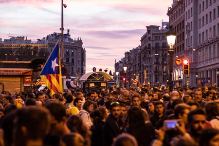 Barcelona, Spain - October 18th, 2019: Protests held during the general strike of Catalonia in PlaÃ§a Catalunya. Rally named Marches for Freedom.のeditorial素材