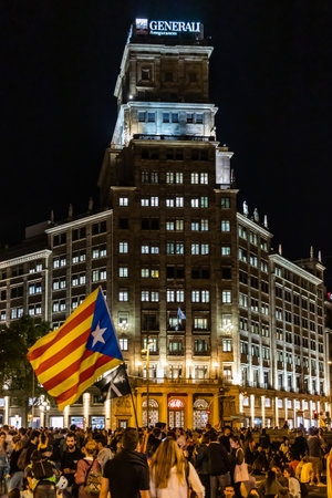 Barcelona, Spain - October 18th, 2019: Protests held during the general strike of Catalonia in Passeig de Gracia. Rally named Marches for Freedom.のeditorial素材