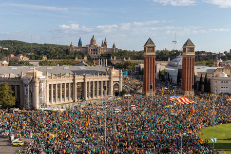 Barcelona, Catalonia / Spain - September 11, 2019: Aerial view of the catalan independentist rally at PlaÃ§a Espanya. La Diada, Catalonia's National Day.のeditorial素材