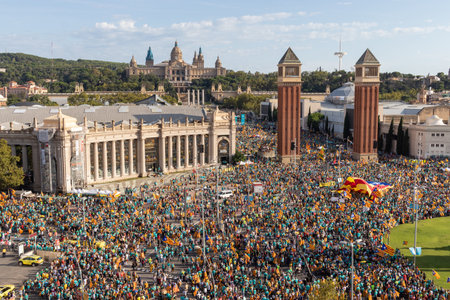 Barcelona, Catalonia / Spain - September 11, 2019: Aerial view of the catalan independentist rally at PlaÃ§a Espanya. La Diada, Catalonia's National Day.のeditorial素材