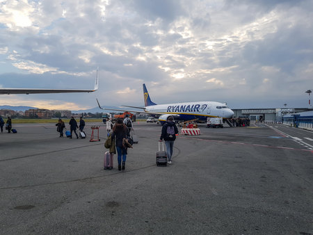 Ciampino Airport, Rome, Italy - November 15, 2018: Passengers boarding in a Ryanair 737 aircraftのeditorial素材