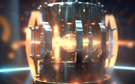 Nuclear fusion reactor. Abstract clean energy generator concept with a contained star. Generative AI.の素材