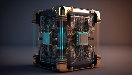 Futuristic quantum computer illustration. Abstract representation of Computing technology. Generative AI.の素材