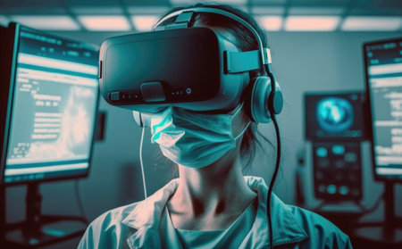 Doctor using a virtual reality headset. Futuristic concept of doctor training with virtual or augmented reality. Generative AI.の素材