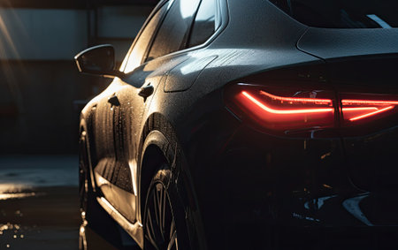 Dramatic view of a luxury saloon car recently washed inside a garage. Generative AI.の素材
