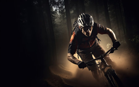 Dramatic close-up of a mountain bike cyclist descending through the forest at high speed. Generative AIの素材