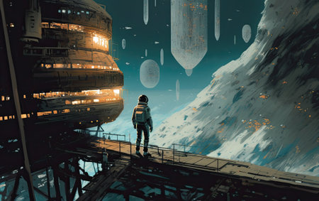 Illustration of an astronaut contemplating the abyss from a space station on a remote planet. Generative AI.の素材