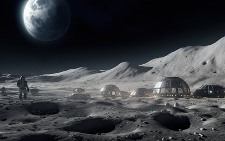 Astronaut walking on the Moon towards a space station. Generative AI.の素材