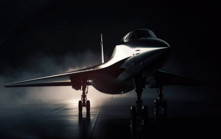 Dramatic view of a futuristic fighter jet inside a hangar. Generative AIの素材