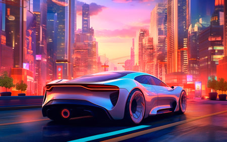 Futuristic electric sports super car driving across a colorful urban landscape. Generative AIの素材