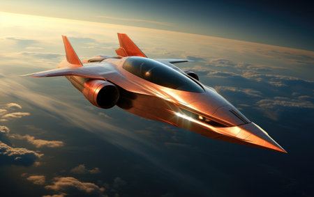 Futuristic supersonic jet performing a high-altitude stratospheric flightの素材
