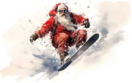 Artistic representation of Santa Claus snowboarding and performing a jumpの素材