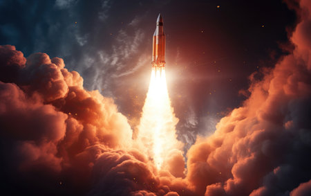 Rocket taking off and heading to outer space surrounded by heavy smoke clouds after its launch.の素材