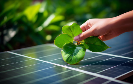 Conceptual representation of clean sustainable energy production with a hand holding green leafs over a solar panel.の素材
