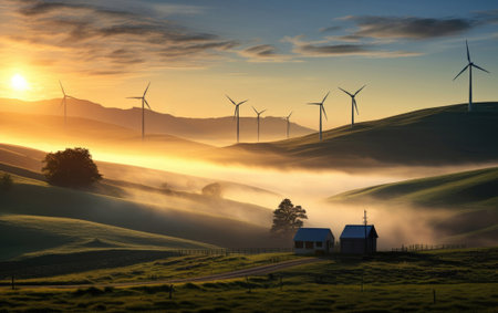 Beautiful view of some mountains and a meadow full of wind turbines at sunset.の素材