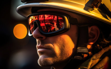 Close-up headshot of a fireman wearing safety glasses that reflect the forest.の素材