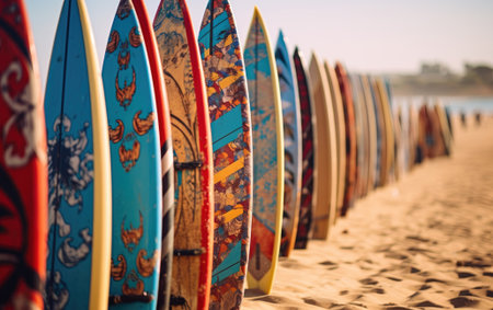 Close up of multiple colorful surf boards lined up on the beach sand on a sunny day.の素材