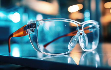 Close-up view of clear scientific safety glasses or protective eyewear in the laboratory.の素材