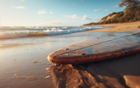 Close-up of a surfboard over the sand of a beautiful beach at sunset.の素材