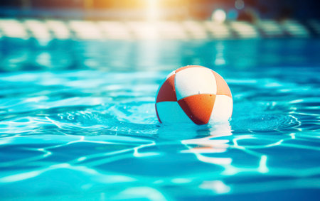 Ball floating over the still and tranquil water of a swimming pool on a sunny summer day.の素材