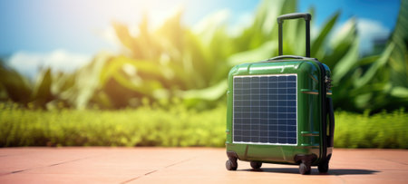 Small travel suitcase with a built-in solar panel for portable electric power generation and device recharging on remote areas.の素材