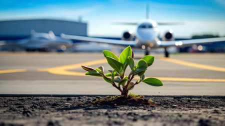 Green plant growing on the airport with a business private jet behind, emphasizing the environmental impact of aviation. Sustainable Aviation Fuel (SAF) and decarbonization concept.の素材