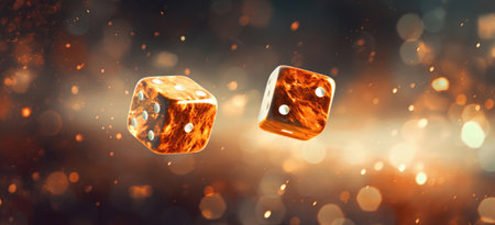 Close-up of a die throw with dice floating against an abstract background. Board tabletop games, chance, casino, statistics probability, and betting luck concept.の素材