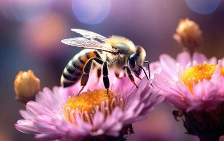 Macro close-up of a honeybee walking on top of a pink flower and collecting nectar.の素材