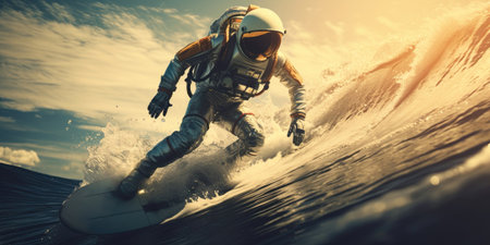 Representation of a surfer in astronaut space suit surfing the waves on the sea.の素材