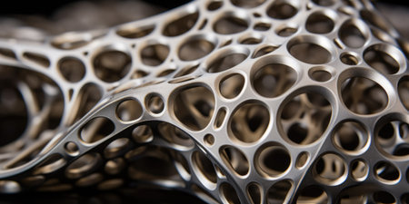 Abstract close-up of metallic structure created with additive manufacturing or 3d printing technique. Metal printing background.の素材