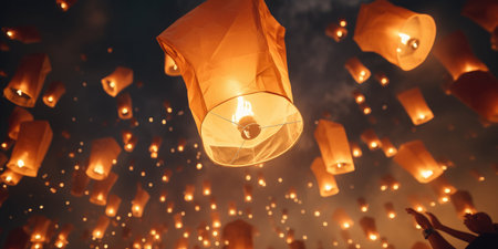 Close-up of flying sky lanterns with a candle being released during a festival. Traditional floating chinese lanterns or Kongming.の素材