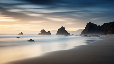Long exposure view of a beach with misty soft waves surrounding the rocksの素材