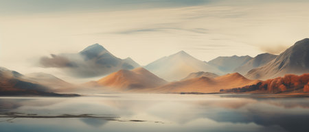 Panoramic mountainous landscape with soft desaturated colors and a lake covered in mist.の素材