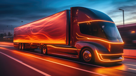 View of a futuristic freighter electric or hybrid hydrogen truck with abstract energy waves at night.の素材