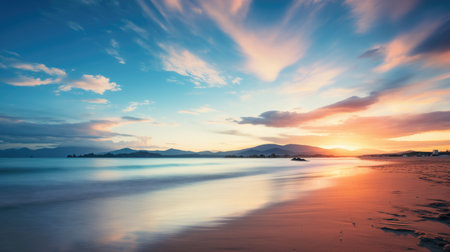 Long exposure image of a beautiful idyllic beach landscape at sunset.の素材
