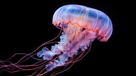 Glowing purple and pink jellyfish isolated on a black backgroundの素材