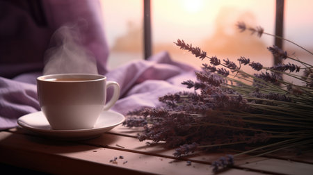 Close-up of a mug of lavender tea or sleep infusion next to a purple bed and decorated with lavandula flowersの素材