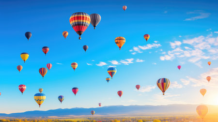 Colorful group of hot air balloons at a ballooning festival against a beautiful mountain landscape and the blue skyの素材