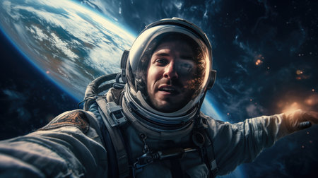 A space tourist astronaut taking a selfie with the Earth on the backgroundの素材