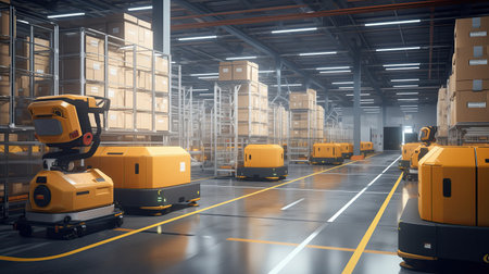 Futuristic warehouse with automated guided vehicles transporting goods, parcels and managing the inventory.の素材