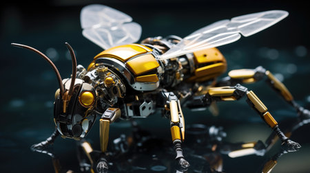 Close-up view of a robotic bee with modular components. Artificial flying pollinator microscale robot.の素材