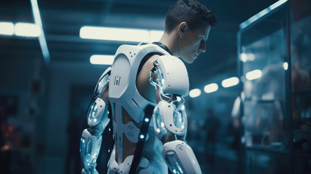 Man wearing an experimental exoskeleton or robotic exosuitの素材