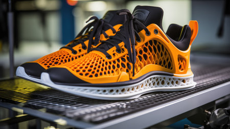 Close-up shot of sneakers manufactured with modern additive manufacturing techniques and 3d printing.の素材