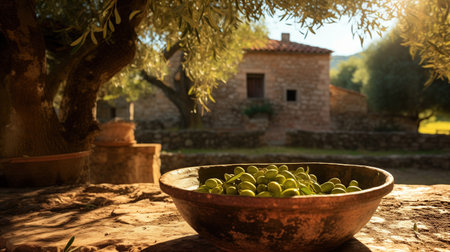 A mediterranean countryside image with freshly harvested harvested olives for oil production.の素材