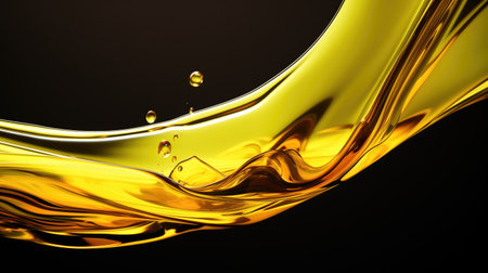 Abstract image of a golden cooking oil flowing against a black backgroundの素材