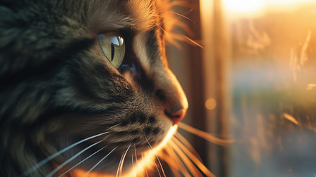 Close up of a curious cat looking through the window at sunsetの素材