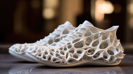 Prototype 3d printed sneakers manufactured with flexible thermoplastics and advanced additive manufacturing techniques.の素材