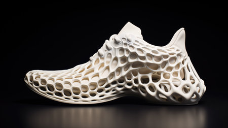 Conceptual 3d printed sneaker manufactured with flexible thermoplastics and advanced techniques. White shoe isolated on black background.の素材