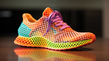 Vibrant modern lightweight shoe manufactured with custom 3d printing and advanced techniques.の素材