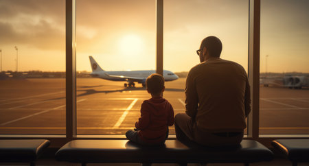Dad and son sitting inside an airport terminal and looking at the airplanes through the window at sunset.の素材